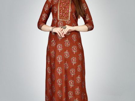 Malishka Women s Embroidered Rayon Kurta Pant Set-Brown Online