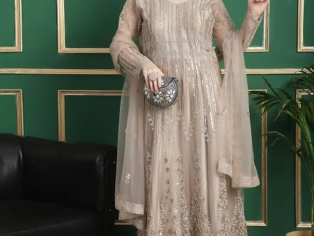 Aastha Fashion Women s Beige Green Net Floral Cording with Sequin & Crystal work Anarkali Dress Set on Sale