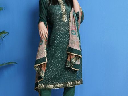 Aastha Fashion Women s Bottle Green Chinon Chiffon Resham with Sequin & Jacquard Lace work Designer Straight Suit Set Sale