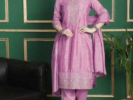 Aastha Fashion Women s Pink Chinon Chiffon Floral Embroidery with Cording & Crystal Work Designer Straight Suit Set For Discount