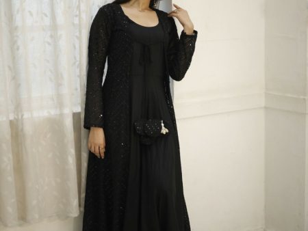 Aastha Fashion Women s Black Designer Rayon Gown with Crochet Embroidery Work Shrug Discount