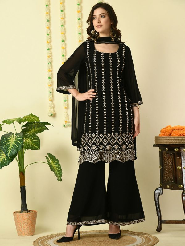 Myshka Women s Black Georgette Kurta & Palazzos With Dupatta Party Sets Online Hot Sale