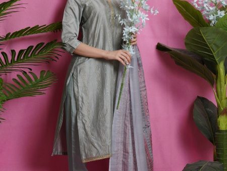 Aastha Fashion Women s Grey Art Silk Resham Embroidered with Jari & Sequin Designer Straight Suit Set For Cheap