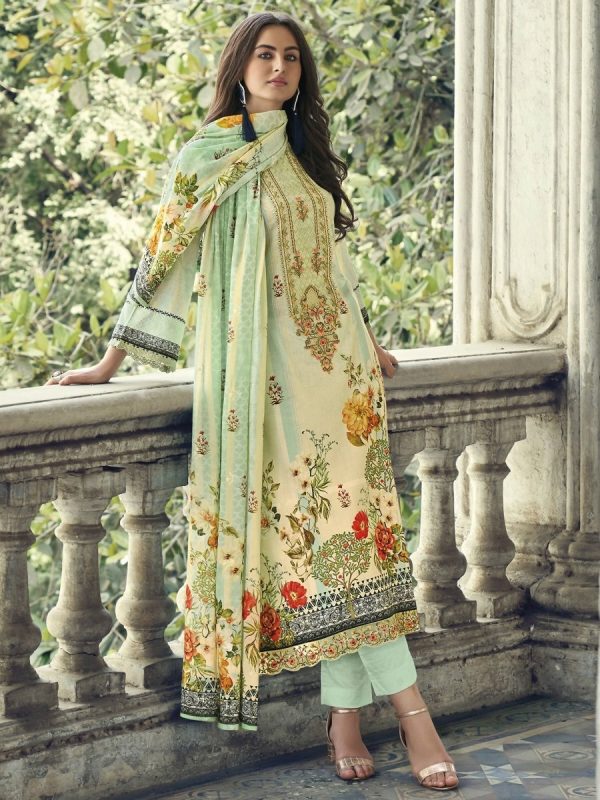 Aastha Fashion Women s Cream Cotton Floral Digital Print with Resham Embroidered & Cutwork Designer Straight Suit Set Supply