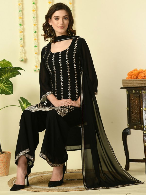 Myshka Women s Black Georgette Kurta & Palazzos With Dupatta Party Sets Online Hot Sale