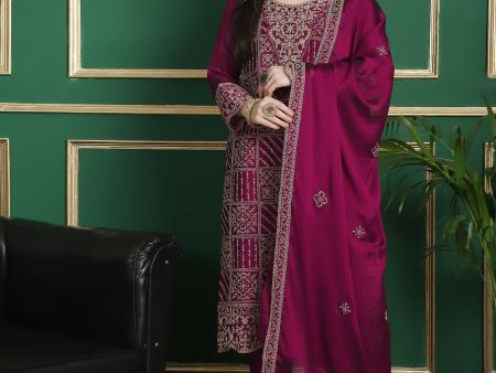 Aastha Fashion Women s Magenta Georgette Cording with Crystal & Cut Work Designer Straight Suit Set Fashion