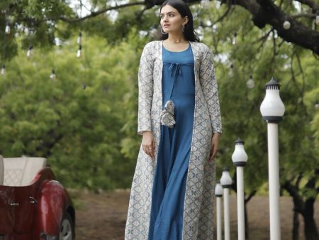 Aastha Fashion Women s Blue Designer Rayon Gown with Crochet Embroidery Work Shrug For Cheap