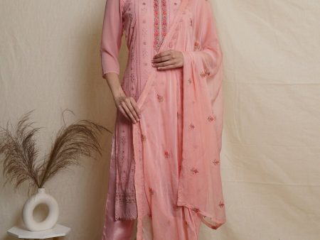 Aastha Fashion Women s Pink Georgette Resham Thread with Sequin Designer Straight Suit Set Discount