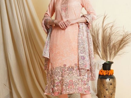 Aastha Fashion Women s Peach Crepe Floral Digital Print with Golden Foil Print Work Designer Straight Suit Set Online Sale