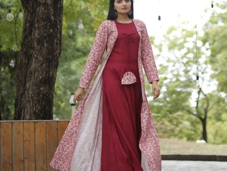 Aastha Fashion Women s Maroon Designer Rayon Gown with Crochet Embroidery Work Shrug For Sale