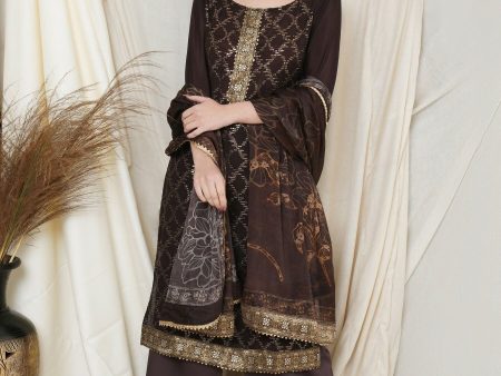 Aastha Fashion Women s Brown Chinon Chiffon Resham Thread with Sequin Designer Straight Suit Set For Discount