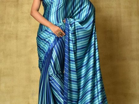 Aastha Fashion Women s Blue Digital Printed Pure Japan Satin Saree with Blouse on Sale