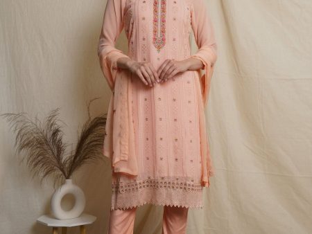 Aastha Fashion Women s Peach Georgette Floral Resham Thread with Sequin Designer Straight Suit Set Online