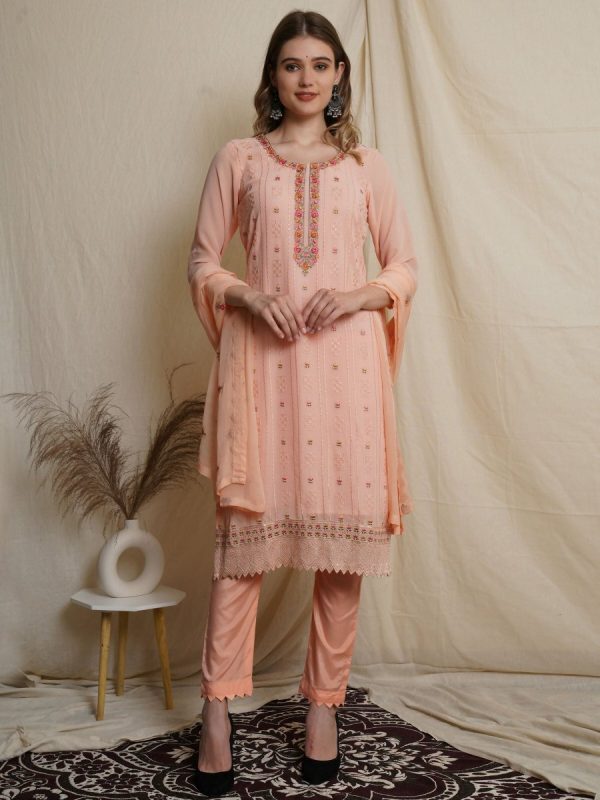 Aastha Fashion Women s Peach Georgette Floral Resham Thread with Sequin Designer Straight Suit Set Online