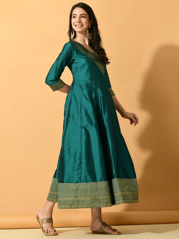 Myshka Women s Green Silk Festive Anarkali Kurta Online Hot Sale